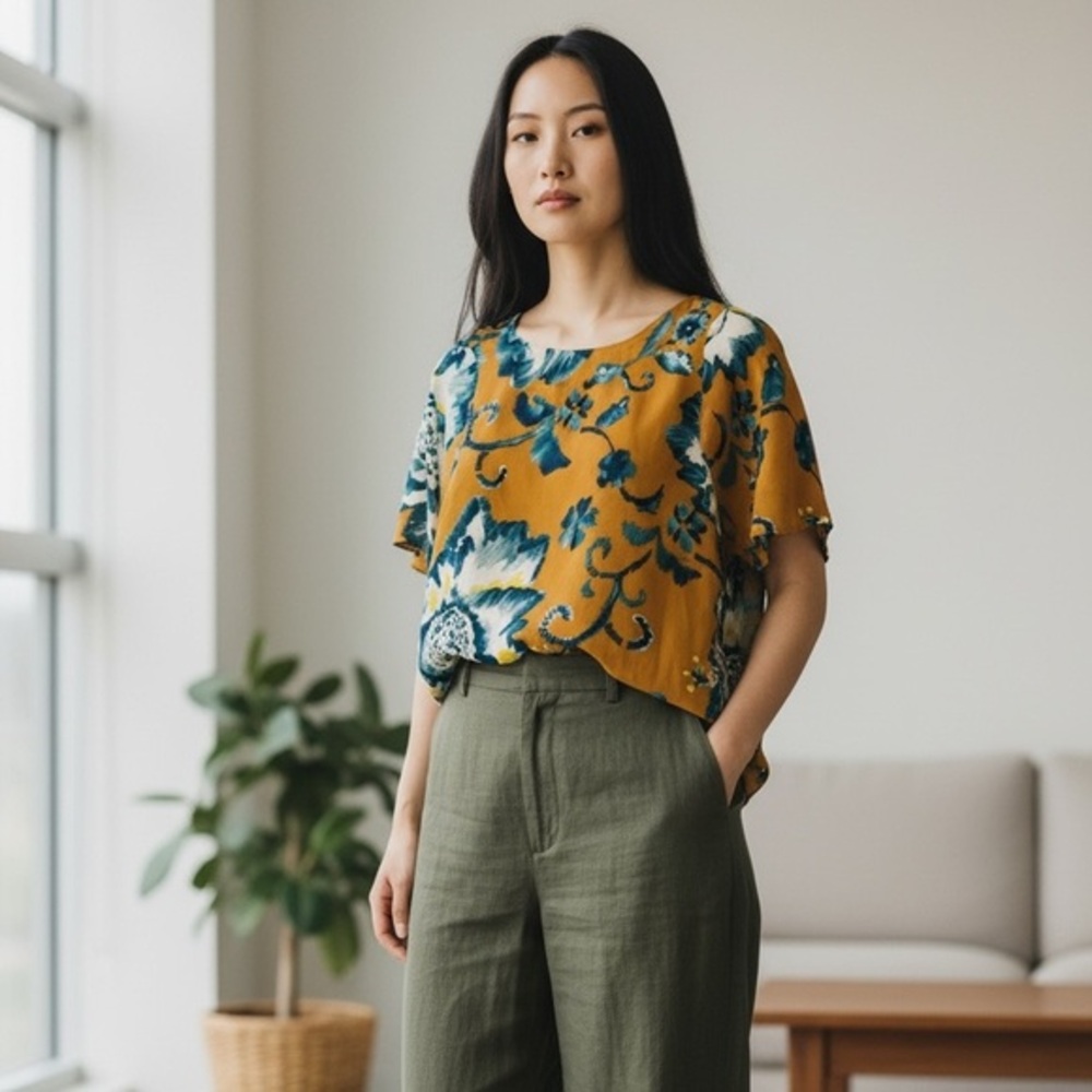 H&M Mustard Floral Short-Sleeve Blouse